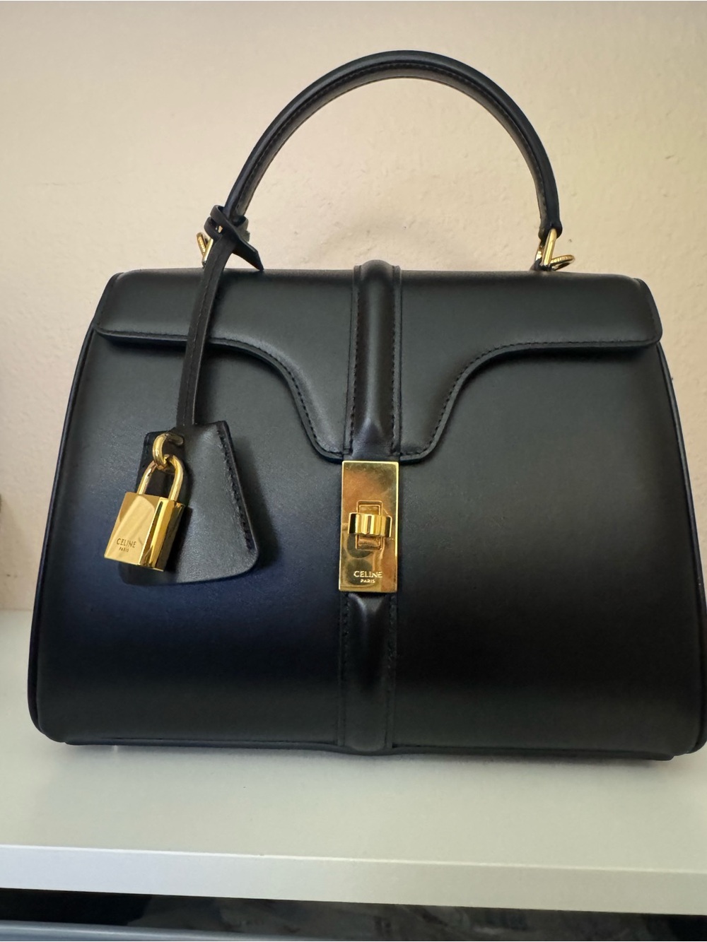 CELINE 16 Black Leather Top-Handle Bag with Gold Hardware